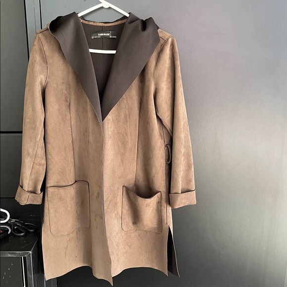 Zara Knit Faux Suede Olive/Brown Hooded Drape Coat - Picture 1 of 4